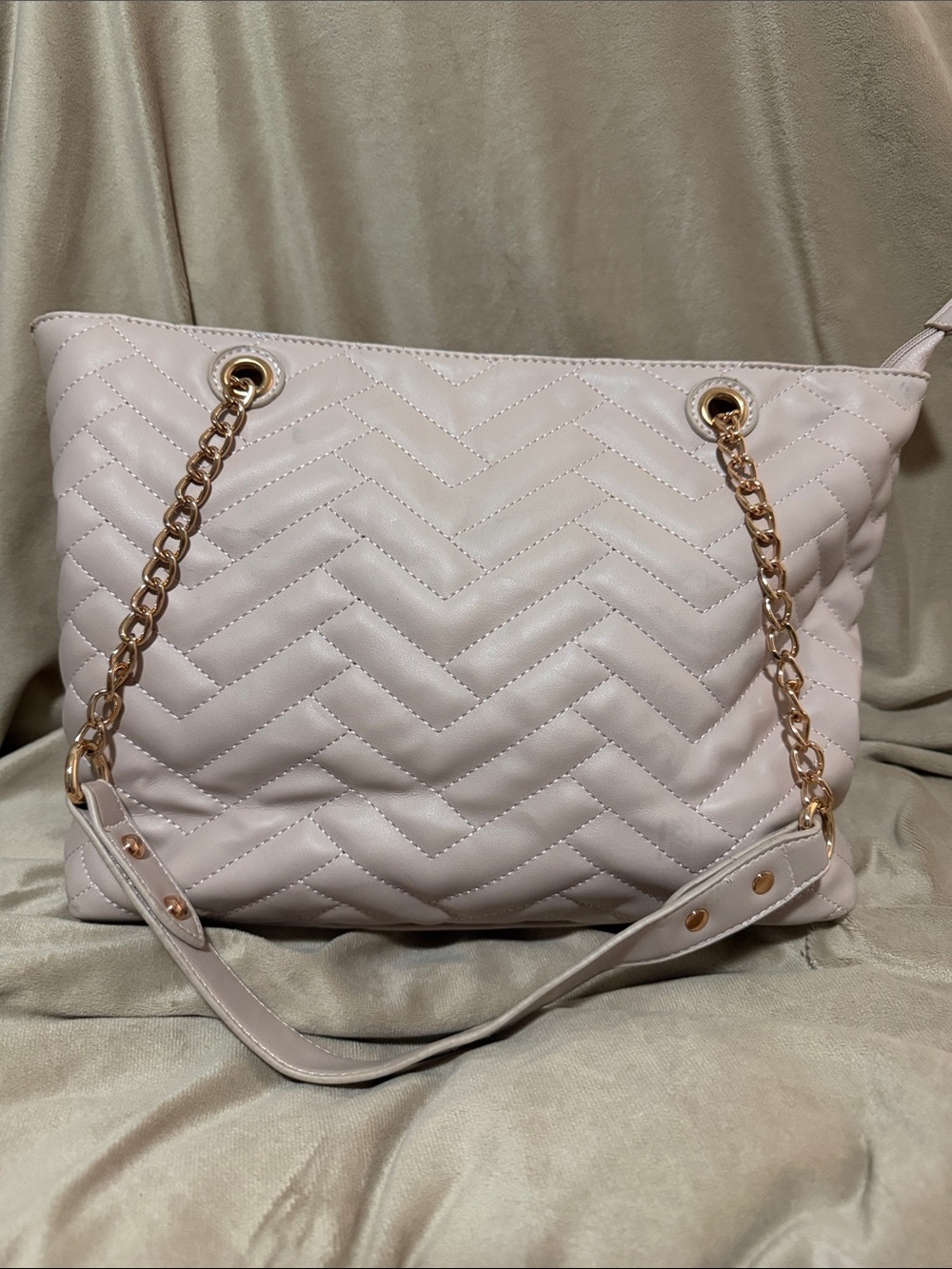 Quilted Chevron Tote in Pale Pink with Gold Chain Straps